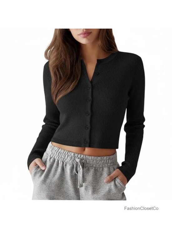 Sweaters - Women's Ribbed Cotton Cropped Cardigan Long Sleeve Open Front Buttons